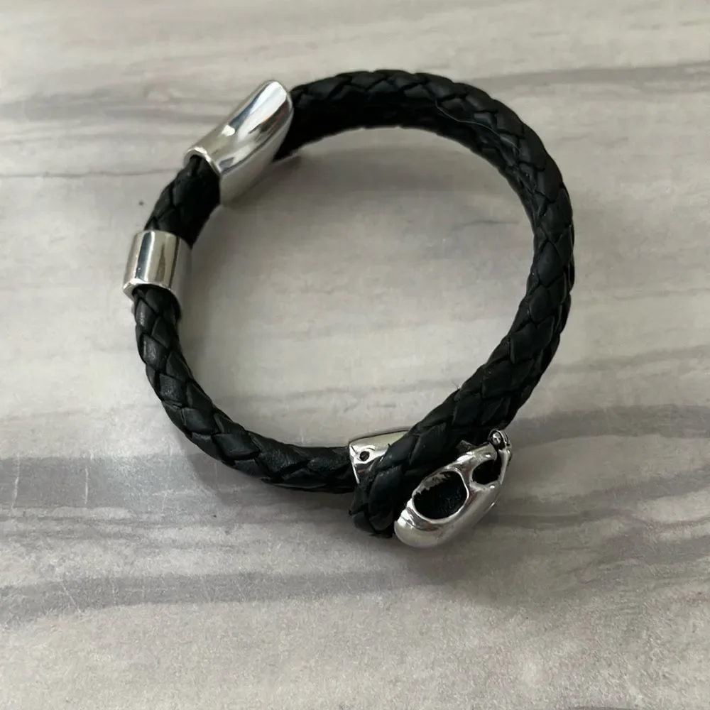 Edgy Black Braided Bracelet with Silver Skull